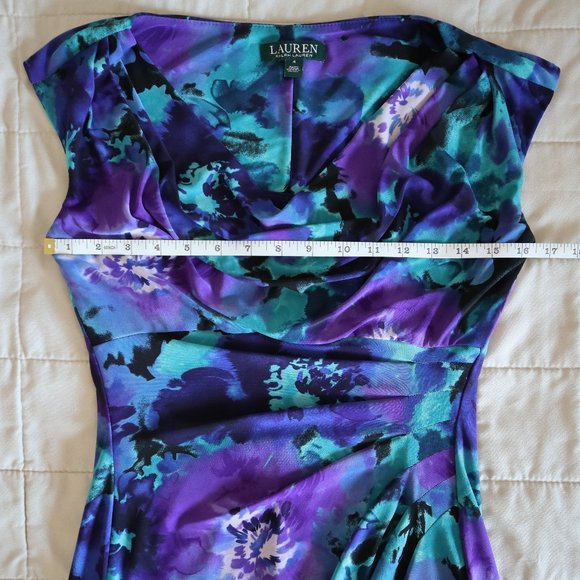 Ralph Lauren Purple, Teal, and Black Fitted Cowl Neck Dress - Picture 5 of 9